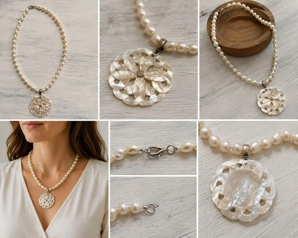 Cream Pearl Beaded Necklace with Iridescent Floral Shell Pendant